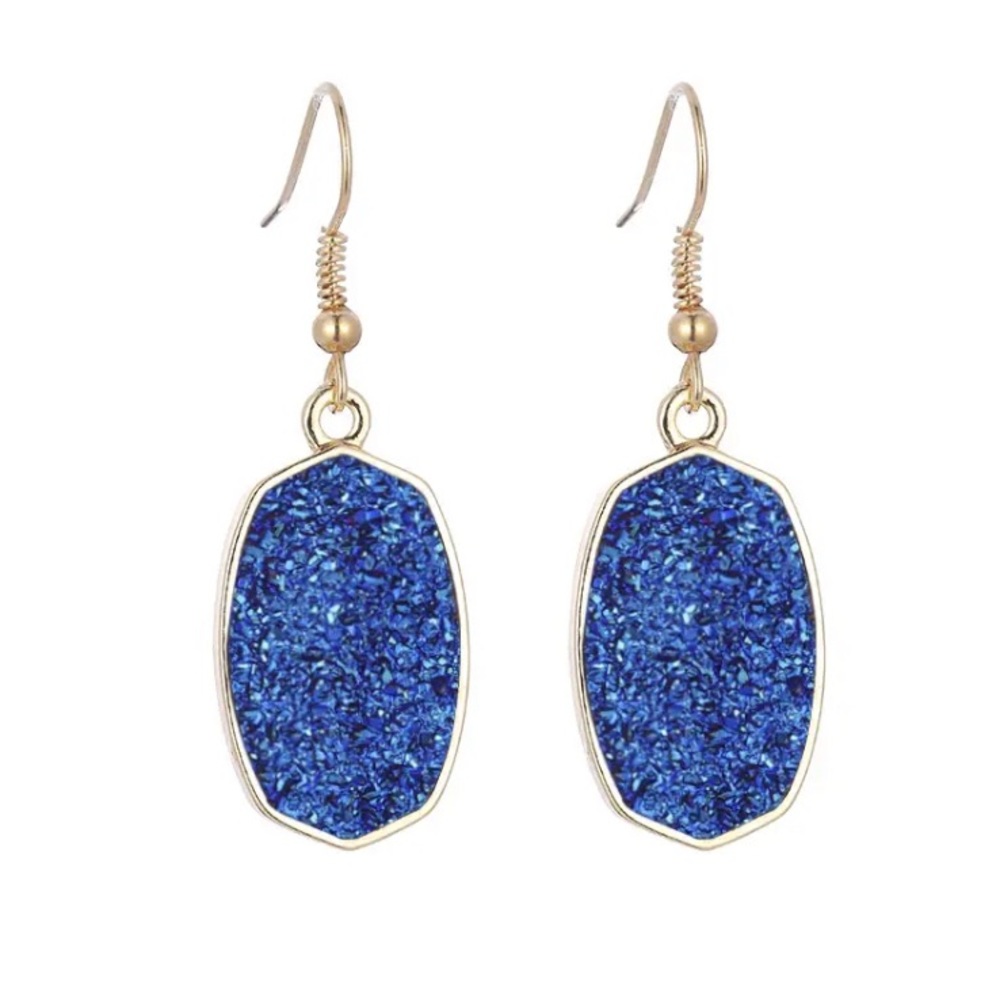 gold blue crystal oval hexagon dangle earrings